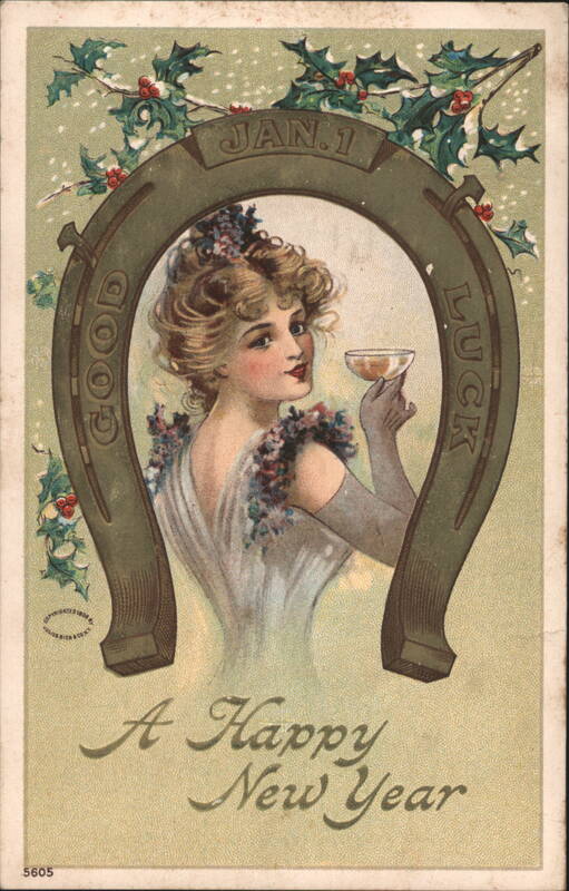 Beautiful Lady with Champagne Glass in Horseshoe, New Year's Greeting