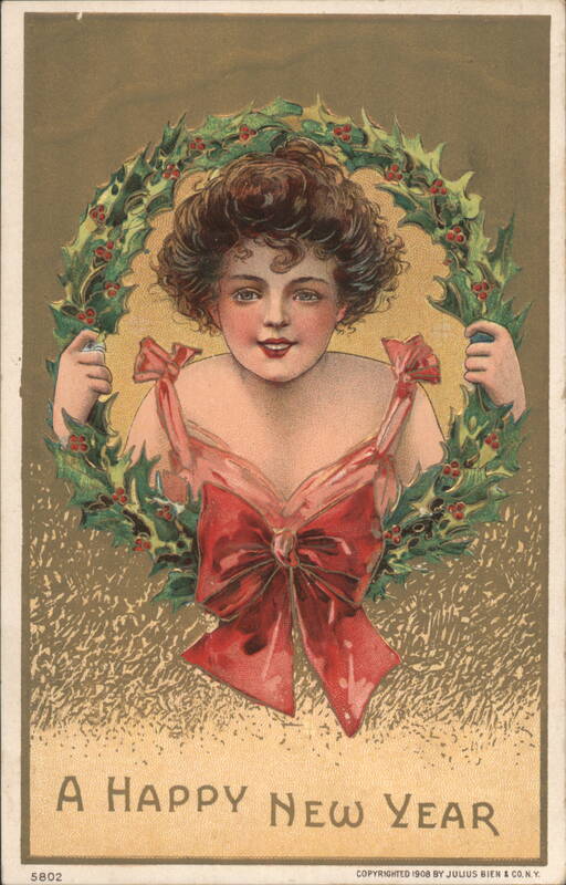 Young Woman in Holly Wreath with Red Bow, A Happy New Year