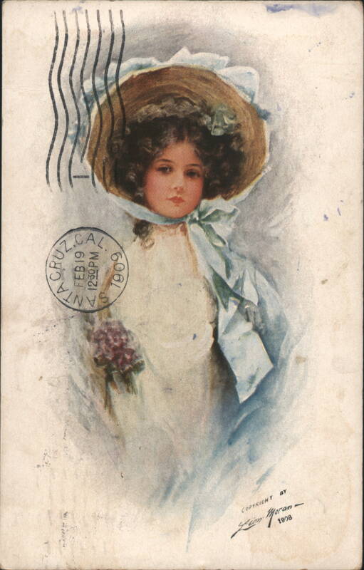 Young Girl in Straw Hat with Blue Ribbon and Flowers