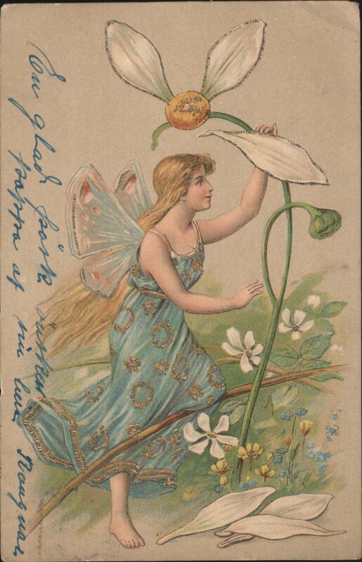 Blonde Fairy in Blue Dress Reaching for Large White Flower