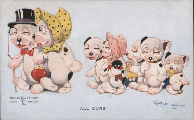 Bonzo Series Cartoon Dogs with Top Hat, Bonnet, and Puppies