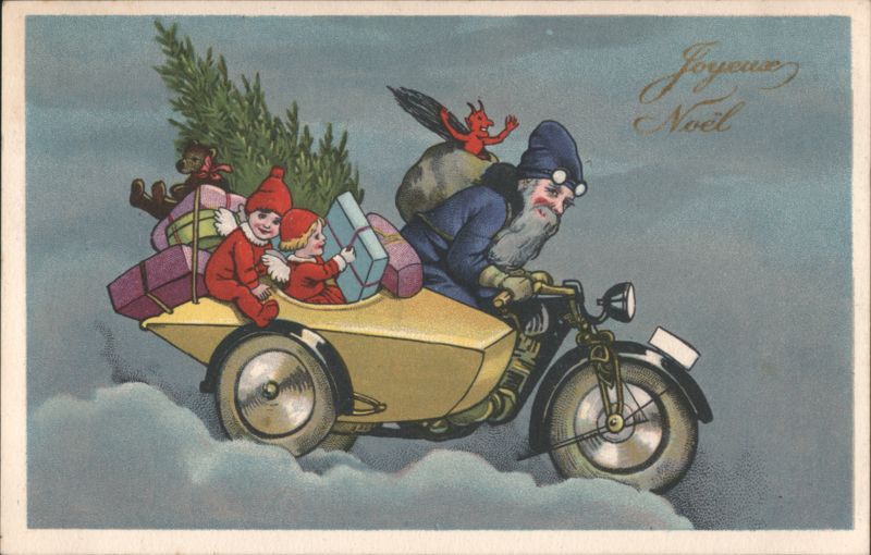 Belgian Santa Claus on Motorcycle with Children, Christmas Tree & Devil