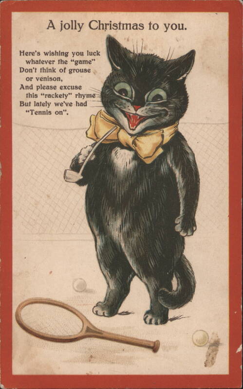 Jolly Christmas Black Cat with Tennis Racket