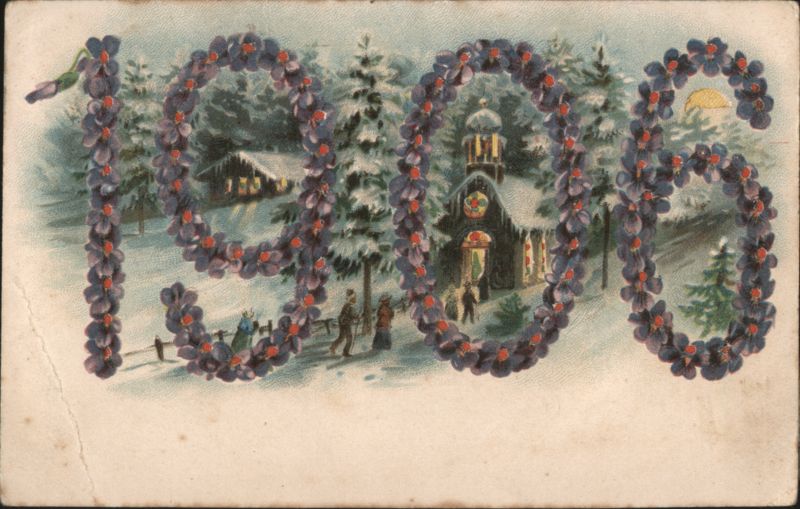 1906 New Year's Greeting with Floral Date and Snowy Village Scene