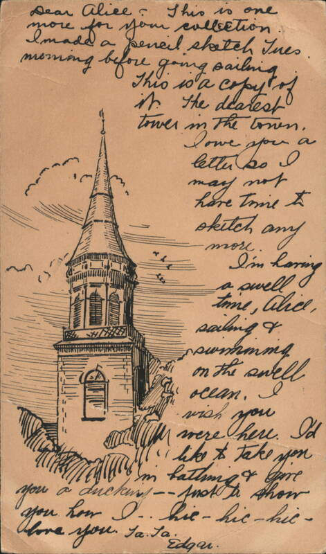 Church Steeple Sketch with Clock, 'Dearest Tower in Town' Pen & Ink