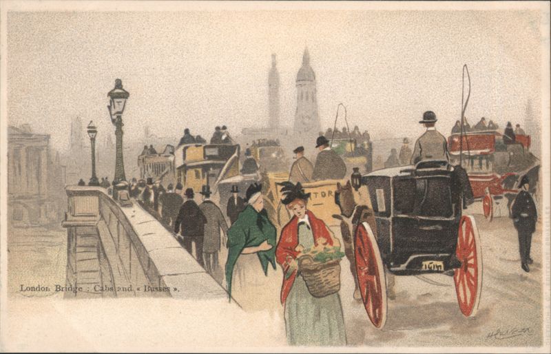 London Bridge with Horse-Drawn Cabs and Buses