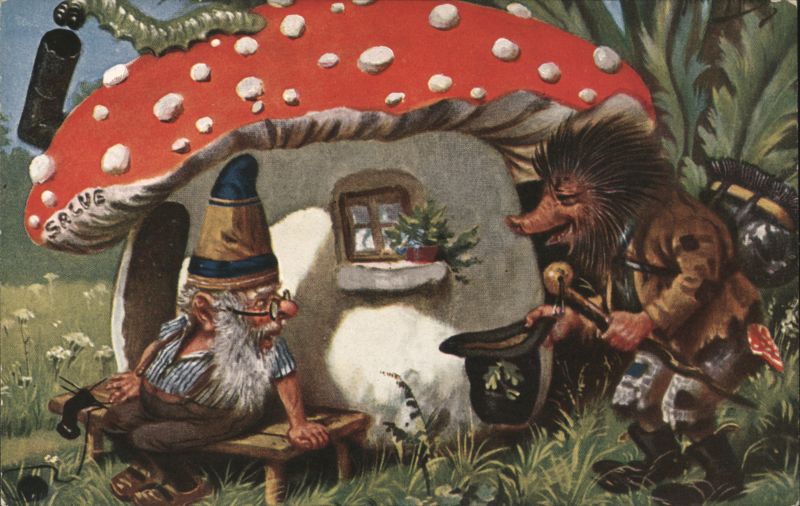 Gnome and Hedgehog at Mushroom House