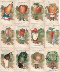 Set of 12: E. Curtis Fantasy "Garden Patch" Fruit & Vegetable Heads Postcard