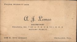 A. J. Lemos Secretary Notary Public Business Card