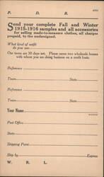 Made-to-Measure Clothing Samples Order Form 1915-1916 Postcard