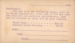 1913 Monarch Tanning & Mfg. Co. Fur Coat Order Form Postcard