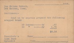 Des Moines Bakery Bread Order Form with Liza Jane Splendid Bread Postcard