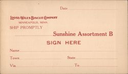 Loose-Wiles Biscuit Company Sunshine Assortment B Order Form Postcard