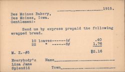 Bread Order Form to Des Moines Bakery Postcard