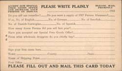 Peruna Remedies 1916 Retailer Questionnaire Postcard