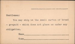 Des Moines Bakery Co. Prepaid Bread Sample Order Form Postcard