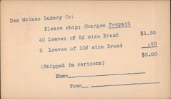 Des Moines Bakery Co. Bread Order Form Postcard