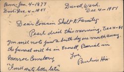 Death Announcement of Pearl, Funeral in Everett, Burial in Monroe Postcard