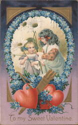 Two Girls with Daisies and Forget-Me-Nots, To My Sweet Valentine Postcard