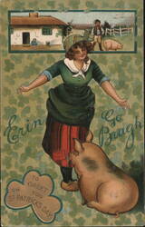 St. Patrick's Day Woman and Pig with Shamrocks, Erin Go Bragh Postcard