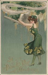 St Patrick's Day Greetings Woman in Green Dress with Shamrocks Postcard