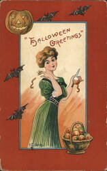 Halloween Greetings Woman Peeling Apple, Pumpkin, Bats Postcard