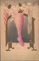 A Merry Christmas Stockings with Cherubs and Toys Postcard