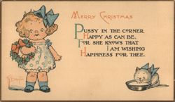 Child holds Holly Wreath and Cat Drinks Milk Postcard