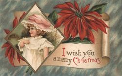 Girl in Diamond Frame with Poinsettias, Merry Christmas Postcard