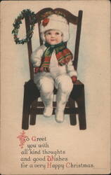 Baby in Snowsuit with Christmas Wreath and Holiday Greeting Postcard