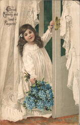 Good Morning and best Regards! Girl with Blue Flowers Postcard