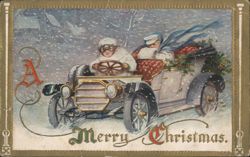 A Merry Christmas with Children in Early Automobile in Snow Postcard