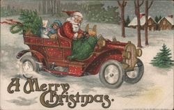Santa Claus Driving Early Automobile with Christmas Tree and Child Postcard