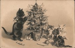 Cats Praying at Christmas Tree Postcard