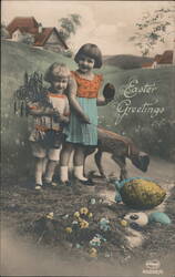 Easter Greetings with Children and Lamb Postcard