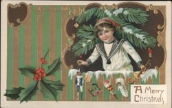 A Merry Christmas Child with Toys and Holly Postcard