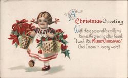 Girl with Poinsettia Baskets Christmas Greeting Postcard