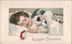 Child Sleeping with Dog and Toys, A Joyful Christmas Postcard