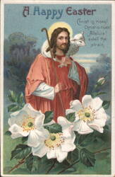 A Happy Easter Jesus Christ with Lamb and Flowers Postcard