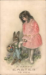 Happy Easter Girl and Bunny with Basket of Eggs Postcard