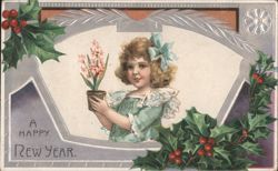 Young Girl with Pink Flowers and Holly, A Happy New Year Postcard