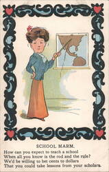 School Marm Pointing at Map with Humorous Poem Postcard