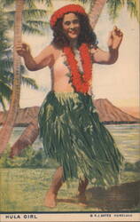 Hula Girl Dancing with Leis and Grass Skirt Postcard