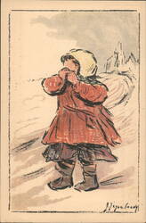 Child in Red Coat in Snow, Winter Scene Postcard