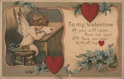 Cupid Writing Valentine Letter with Hearts and Flowers Postcard