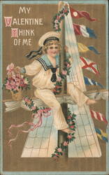 Sailor Boy on Sailboat with Flowers, My Valentine Think of Me Postcard