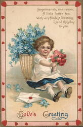 Girl with Forget-Me-Nots and Roses, Love's Greeting Postcard