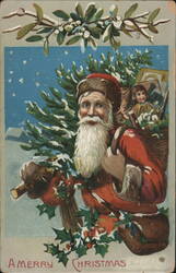 Santa Claus Delivering Christmas Tree and Toys Postcard