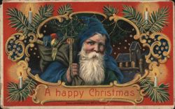 Santa Claus with Blue Cloak and Sack, A Happy Christmas Postcard