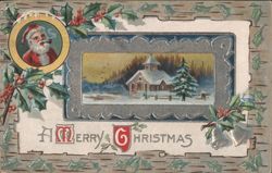A Merry Christmas Santa Claus Snowy House and Bells Postcard